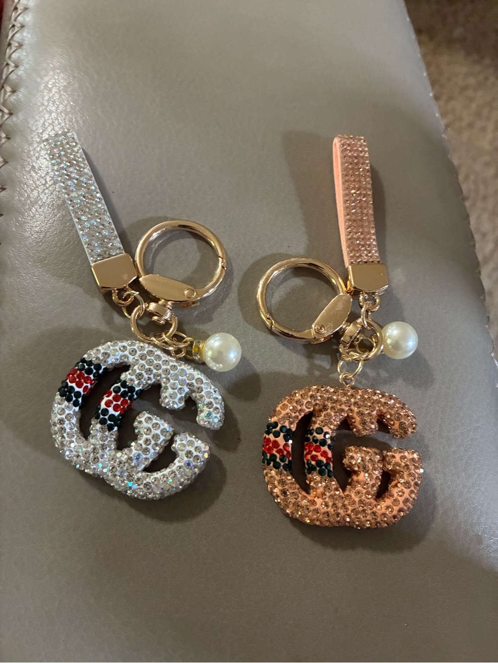 Crystal-Embellished Keychain Charm - Ivory and Rose Gold Options